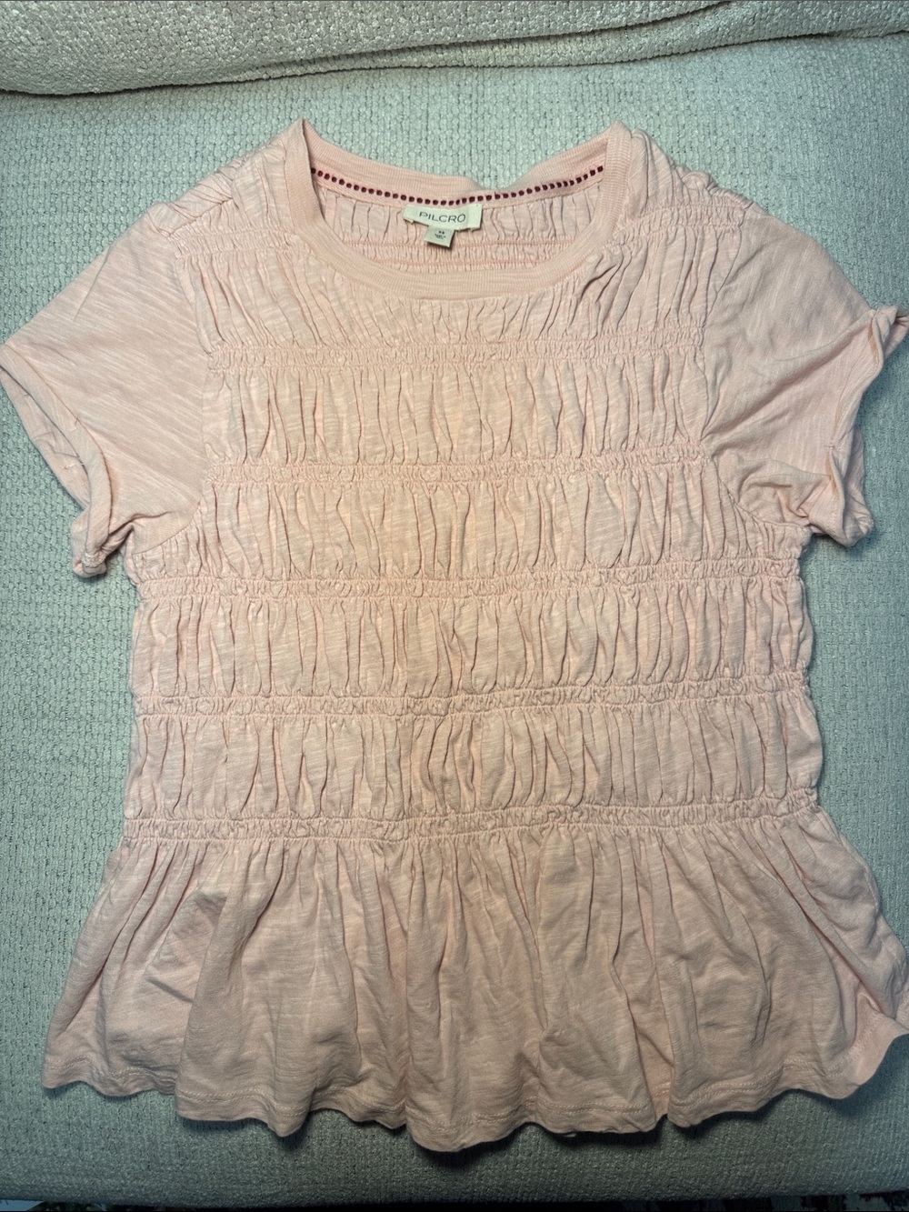 Anthropologie Pilcro Pink Smocked Short-Sleeve Peplum Top Size XS 100% Cotton